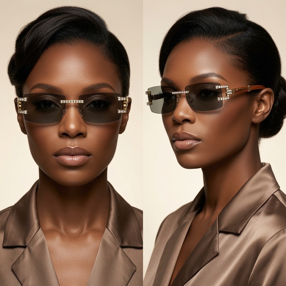 Women Sunglasses Rhinestone Rimless Square Shades Style Street Wear Vintage 2026